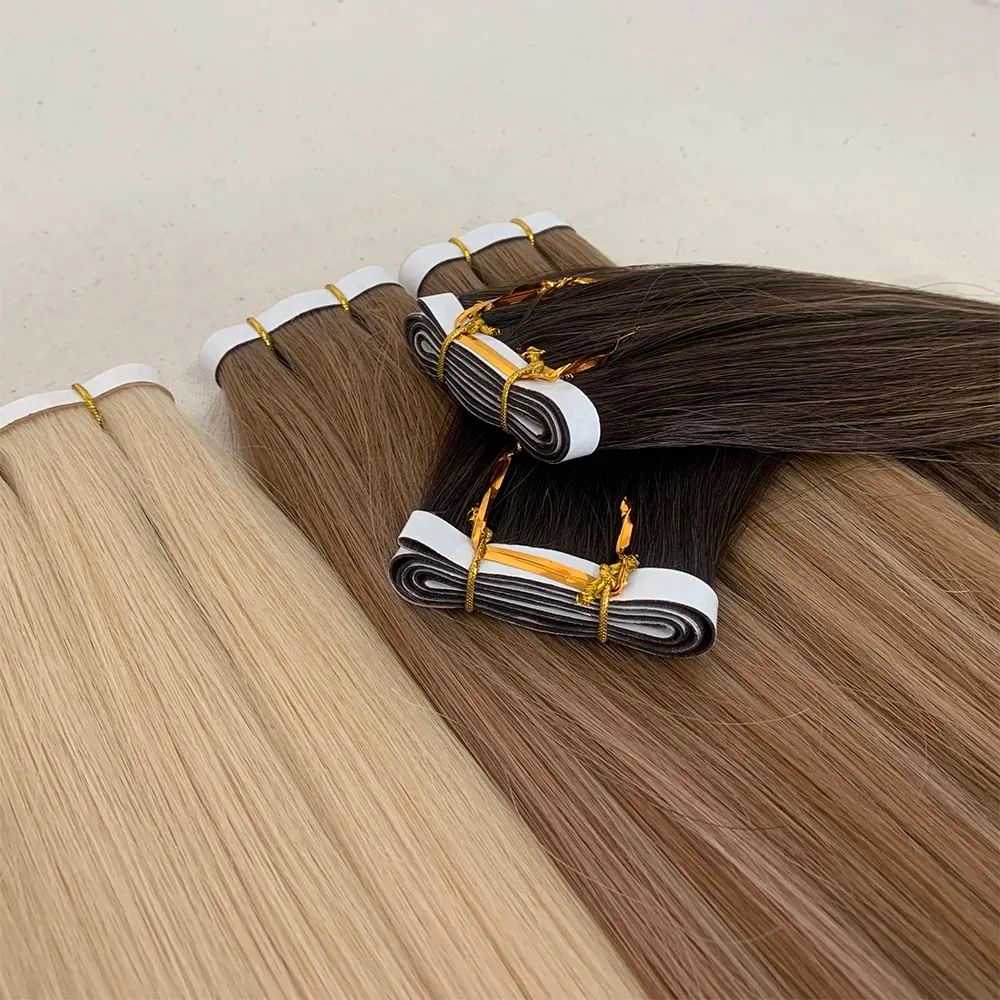 Hair extensions in blonde, brown, and dark brown shades displayed on a neutral background.