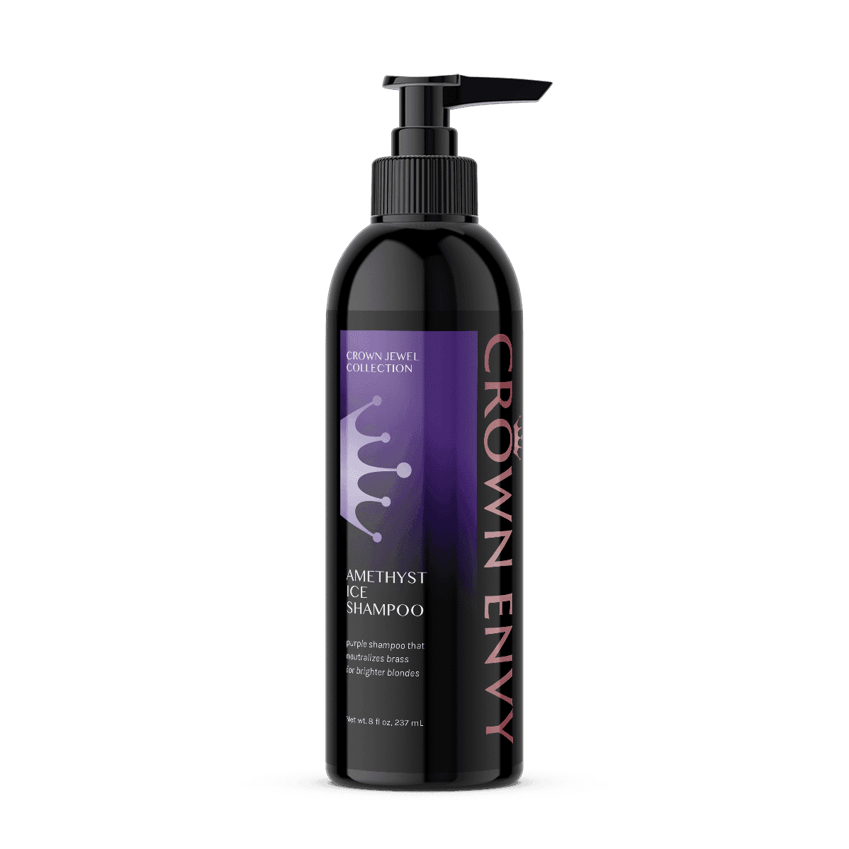 Amethyst Ice Shampoo in sleek black bottle with pump, Crown Envy branding.