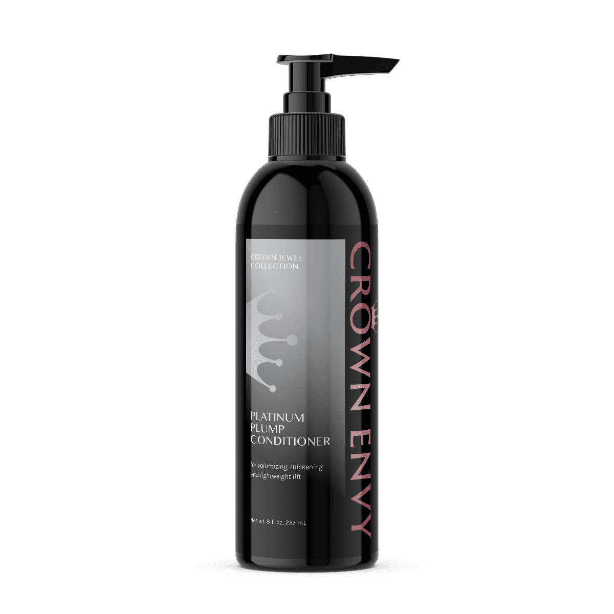 Black bottle of Crown Envy Platinum Plump Conditioner with a pump top.