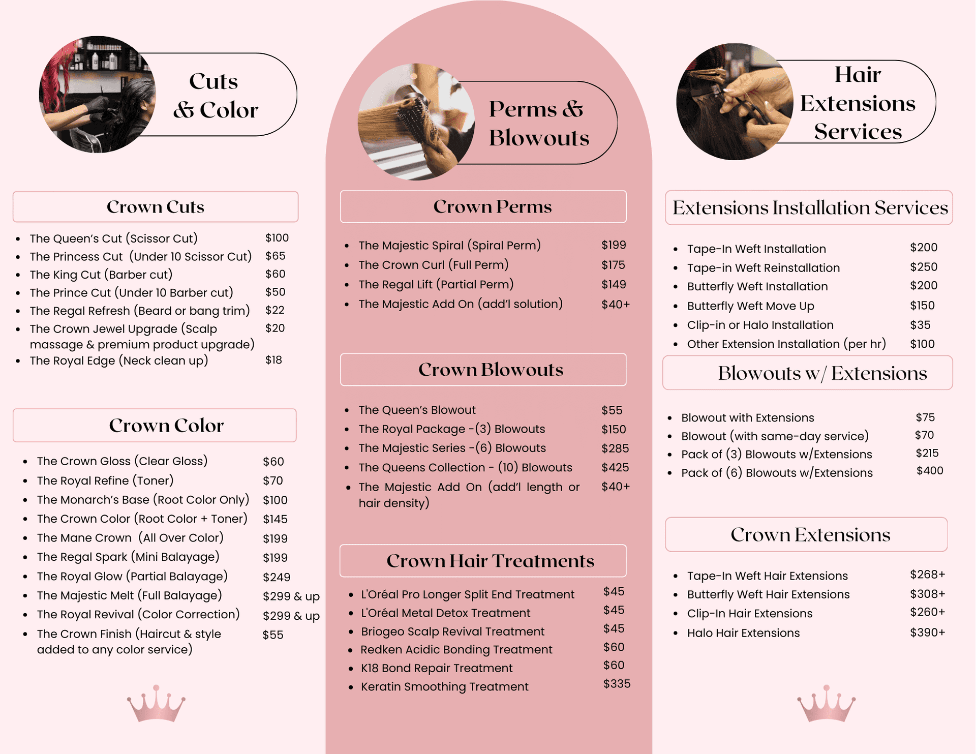 Hair salon services menu: Cuts, perms, blowouts, and extensions with detailed pricing.