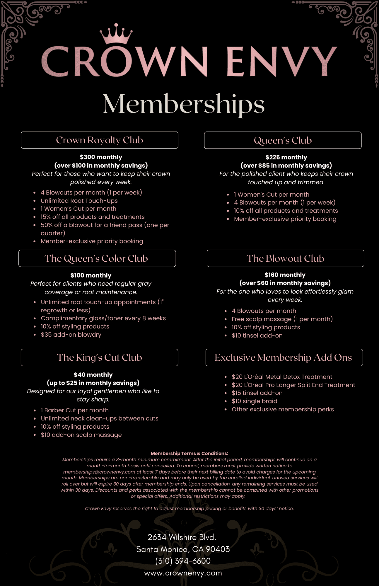 Crown Envy membership details, pricing, and benefits for various hair care services.