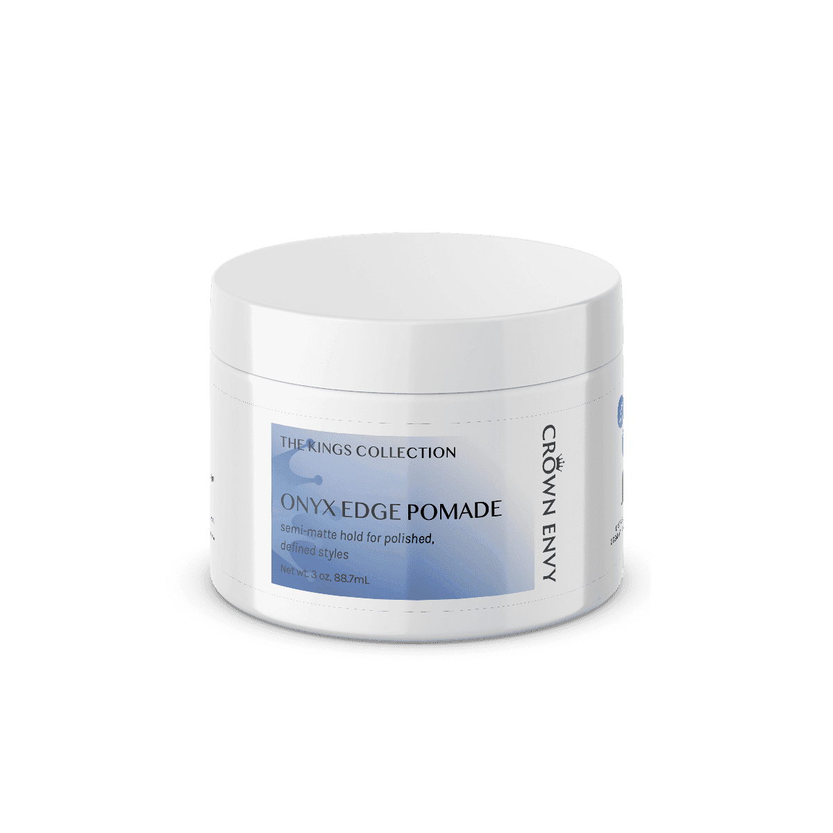 Hair styling pomade jar labeled "Onyx Edge" for polished, defined looks.