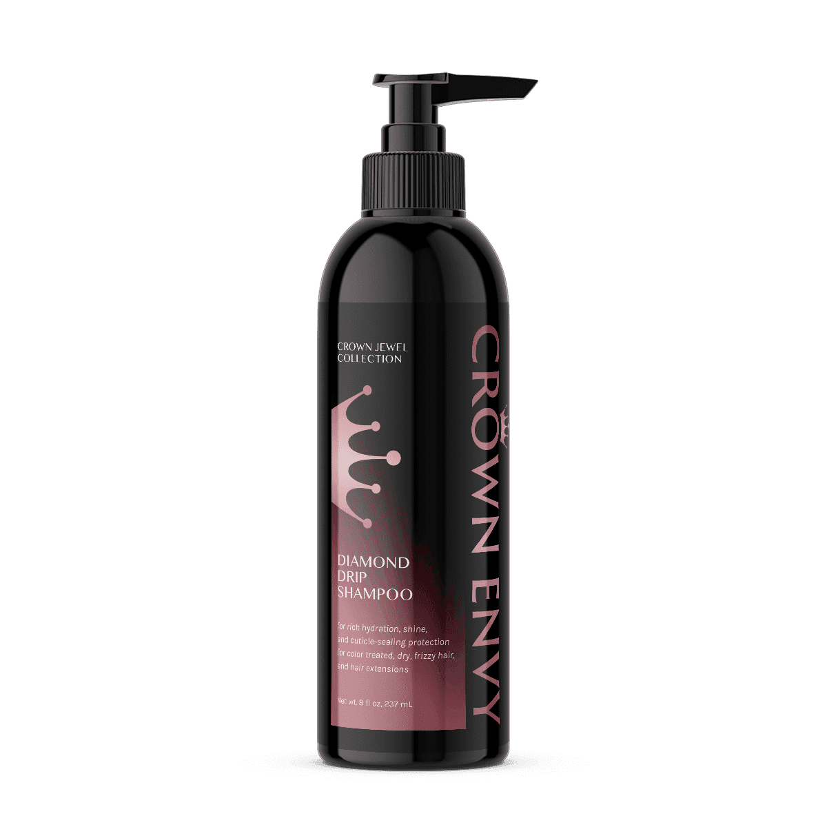 Bottle of Crown Envy Diamond Drip Shampoo, 8 oz, with pump dispenser.